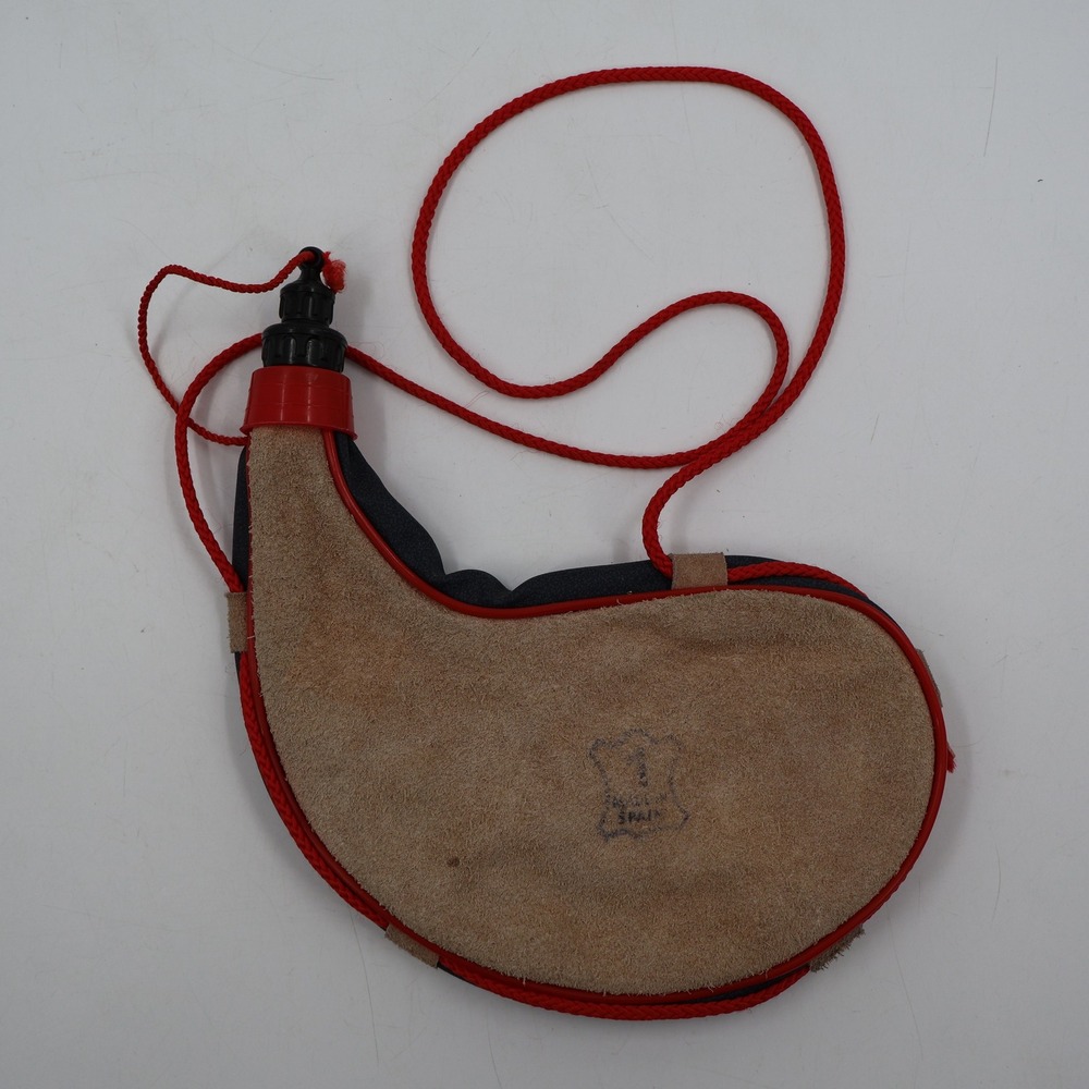 Made in Spain Bota Bag Wine Skin Tan Suede Leather Red Trim Canteen